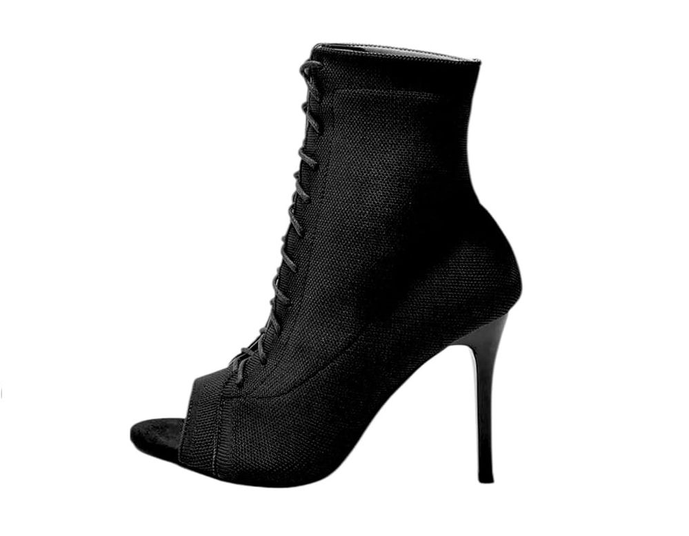 Black Lace-Up Peep Toe Knit Ankle Boots | حذاء بوت أسود قماش مطاطي بمقدمة مفتوحة برباط وكعب عالٍ