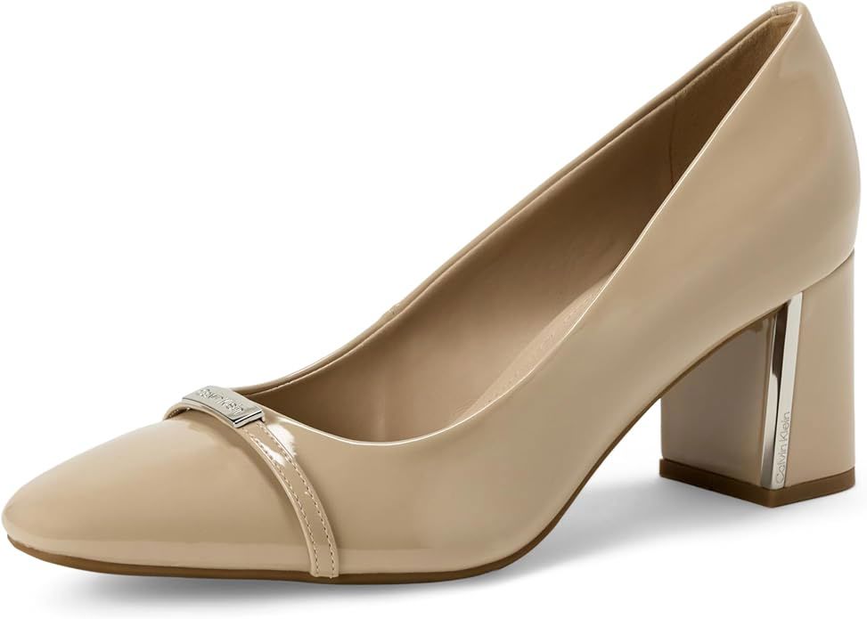 Beige Patent Block Heel Pumps | حذاء هيلز بيج لامع بكعب عريض_thumbnail_3