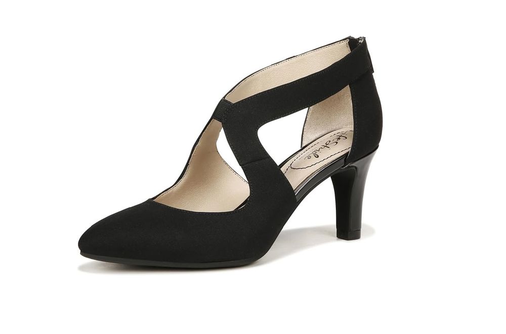 Black Suede Criss-Cross Heel Pumps | حذاء هيلز أسود شامواه بسير متقاطع وسحاب خلفي