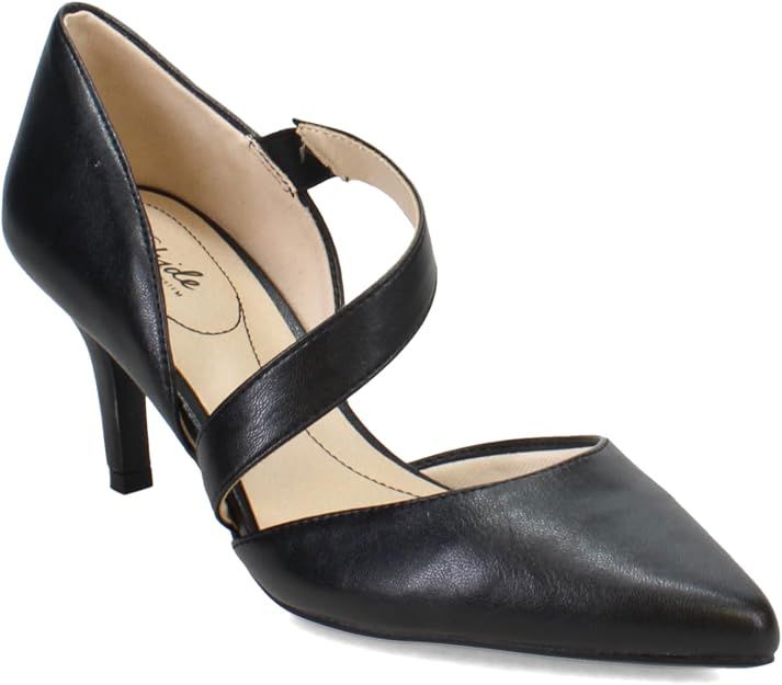 Black Leather Asymmetric Strap Heels | حذاء هيلز أسود جلد بسير متقاطع جانبي وكعب متوسط_thumbnail_3