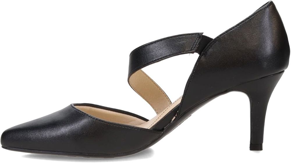 Black Leather Asymmetric Strap Heels | حذاء هيلز أسود جلد بسير متقاطع جانبي وكعب متوسط_thumbnail_1
