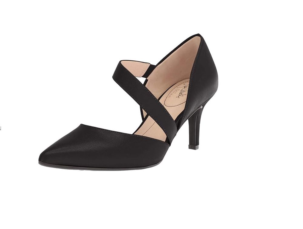 Black Leather Asymmetric Strap Heels | حذاء هيلز أسود جلد بسير متقاطع جانبي وكعب متوسط