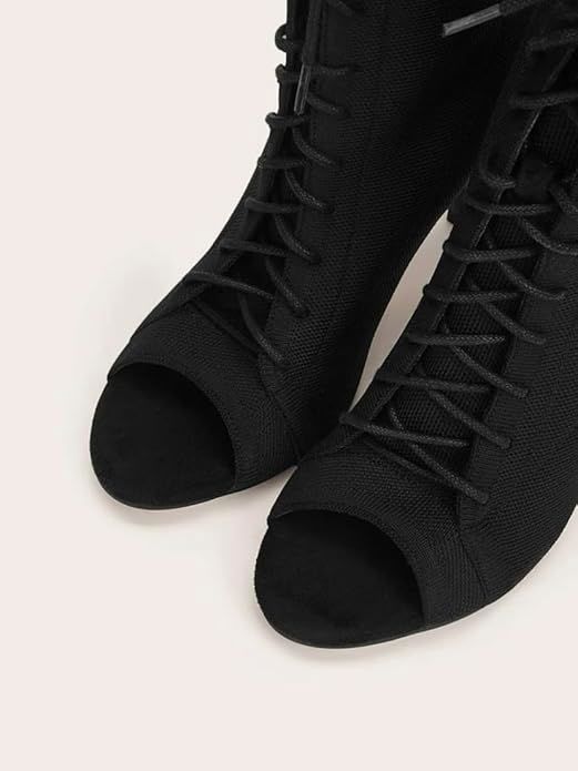Black Lace-Up Peep Toe Knit Ankle Boots | حذاء بوت أسود قماش مطاطي بمقدمة مفتوحة برباط وكعب عالٍ_thumbnail_2