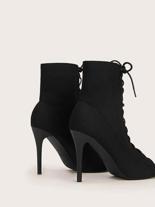 Black Lace-Up Peep Toe Knit Ankle Boots | حذاء بوت أسود قماش مطاطي بمقدمة مفتوحة برباط وكعب عالٍ_thumbnail_1